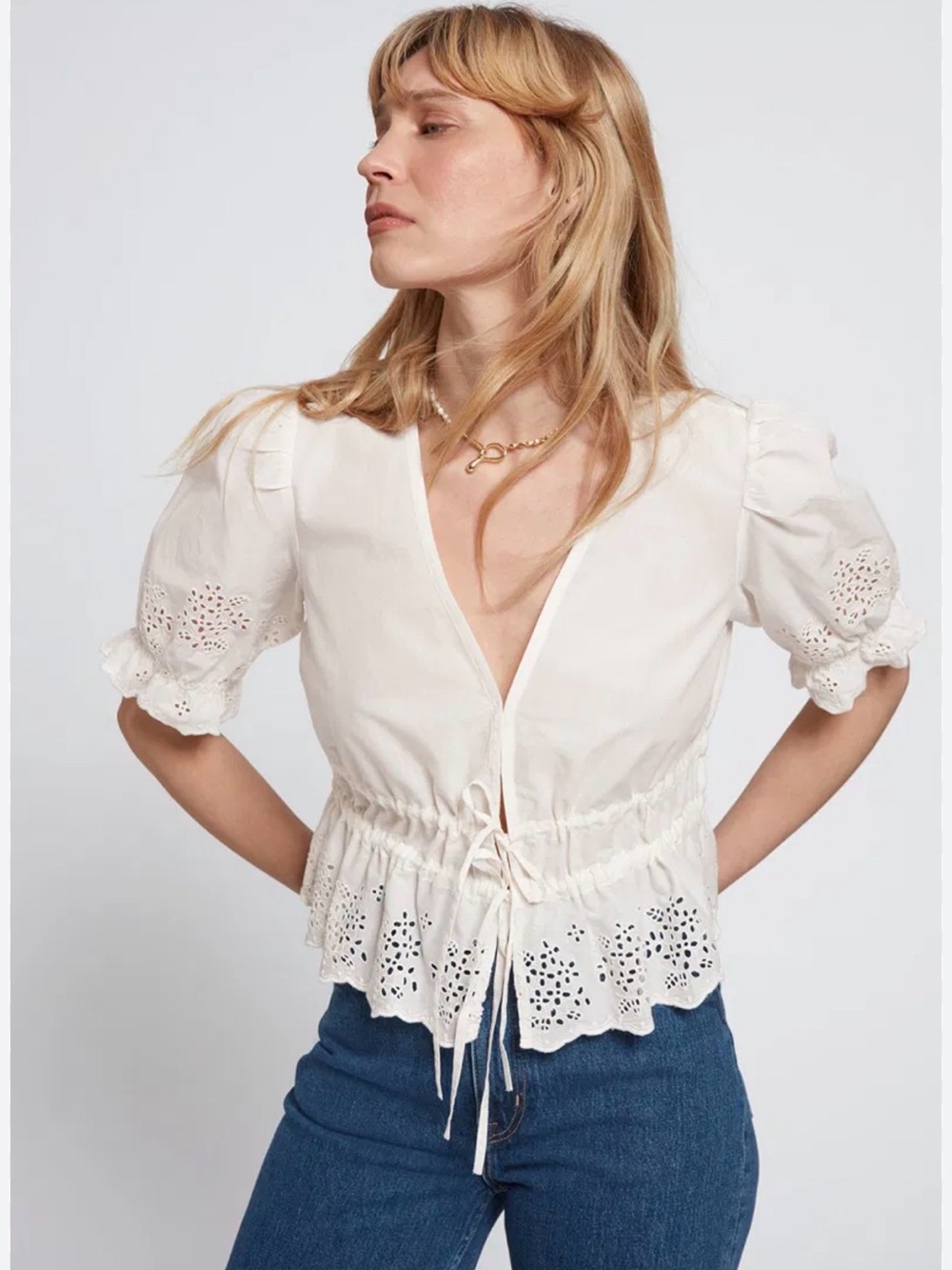 & Other Stories Cream Eyelet Drawstring Peplum Blouse